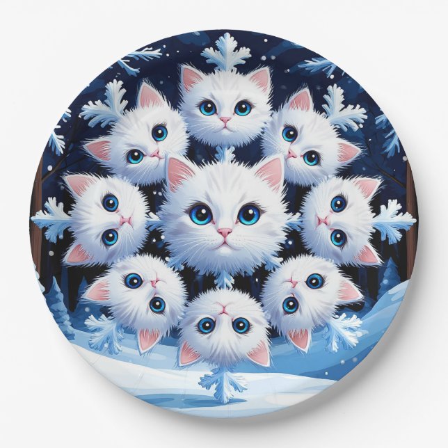 Prato De Papel Rostos brancos e bonitos de gato arranjados em flo (Frente)