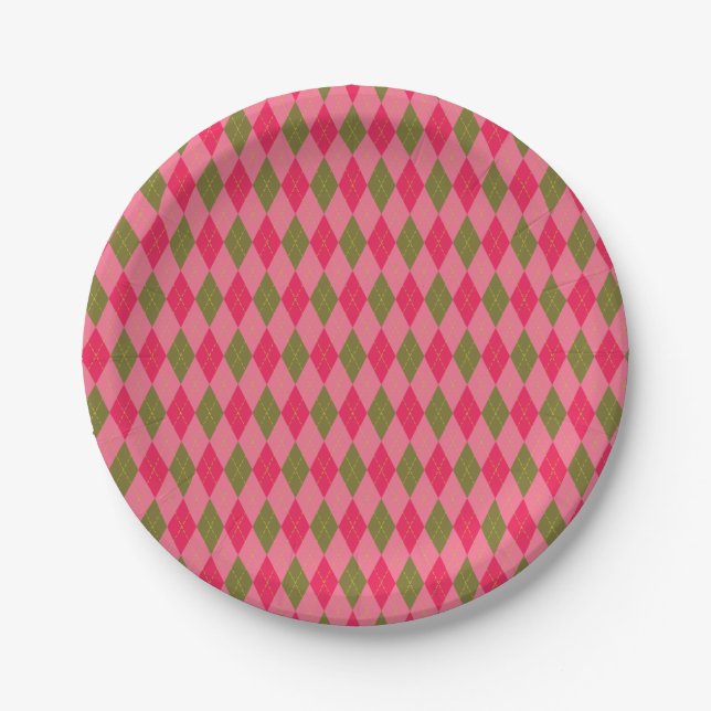 Prato De Papel Rosy Pink e Green Girlie Argyle Pattern (Frente)