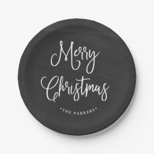 Prato De Papel Roteiro escrito à mão do Feliz Natal no quadro