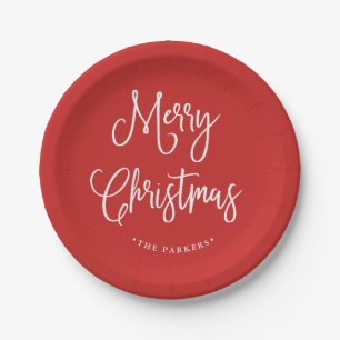 Prato De Papel Roteiro escrito à mão do Feliz Natal no vermel