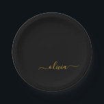 Prato De Papel Rótulo de Menina de Ouro Preto Monograma Nome Mode<br><div class="desc">Placas de festa de monograma dourado e preto Adicione seu próprio nome. Isso faz o presente perfeito de aniversário de 16 anos,  casamento,  chá de noiva,  aniversário,  chá de bebê ou festa de despedida de solteira para alguém que ama luxo glamoroso e estilos chiques.</div>