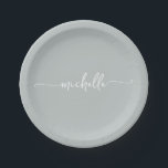 Prato De Papel Rótulo Monograma Minimalista Elegante em Verde Sal<br><div class="desc">Pratos de papel personalizados com nome em monograma elegante feminino moderno minimalista verde-sage. Apresentando o primeiro nome em uma linda caligrafia com rabisco em fonte de letra manuscrita (ou tipografia) em fundo verde-sage ou verde empoeirado. São fáceis de personalizar. Ótimos para aquecimento de casa, também para aniversário, casamento, festa de...</div>