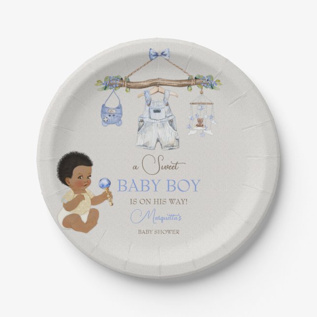 Prato De Papel Roupas de Bebê Menino Chá de Bebê Marfim Azul (Frente)
