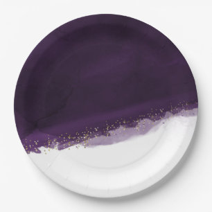 Prato De Papel Roxo Ameixa Aquarela & Dourado Moderno Chique Eleg
