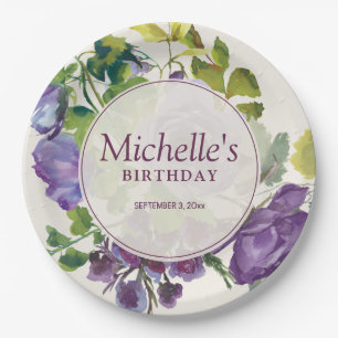 Prato De Papel Roxo Aquarela Vinhas Florais Aniversário Data