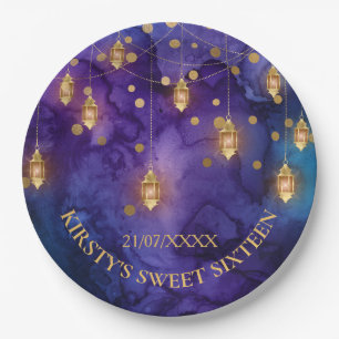 Prato De Papel Roxo Azul Místico Lanternas & Bokeh Dourado Doce 1