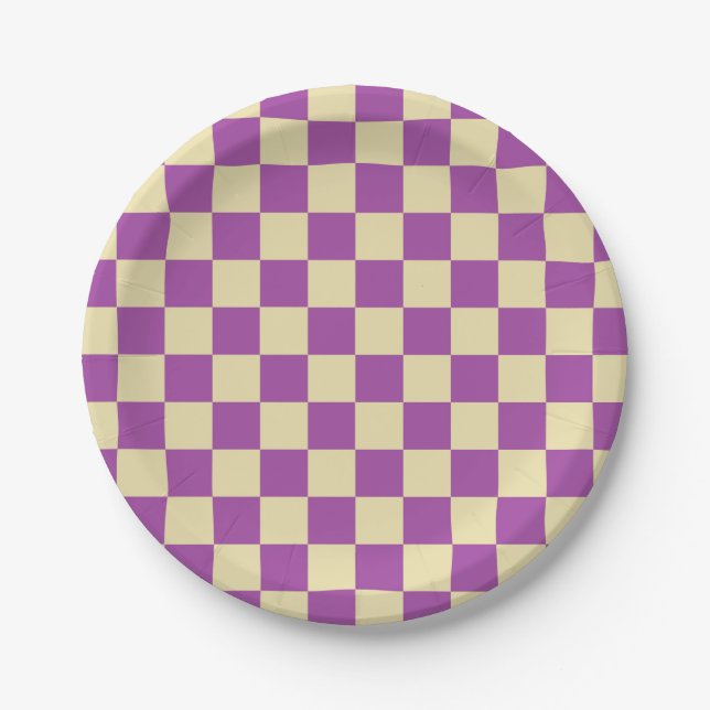 Prato De Papel Roxo e bege Checkered (Frente)