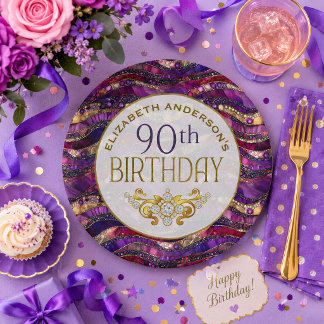 Prato De Papel Roxo e Dourado Estratos com Joias para 90º Anivers