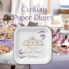 Prato De Papel Roxo Elegante deixa Dourada Tiara Quinceañera