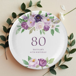Prato De Papel Roxo Elegante | Violet Floral 80 Birthday