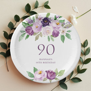Prato De Papel Roxo Elegante   Violet Floral 90 Birthday