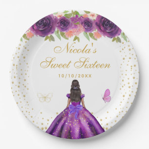 Prato De Papel Roxo Floral Princesa de Pele Morena Sweet Sixteen