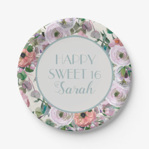 Prato De Papel Roxo Lilás Rosa Floral Aquarela Sweet 16