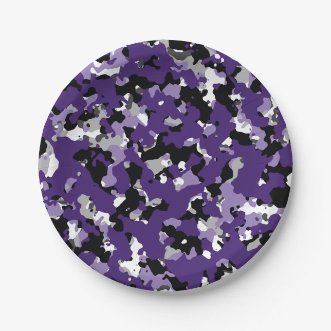 Prato De Papel Roxo Preto Cinza Camuflagem Estampa Camo Festa (Frente)