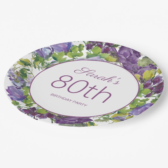 Prato De Papel Roxo Verde-Floral Folha Vinha 80 Aniversário (Inclinado)
