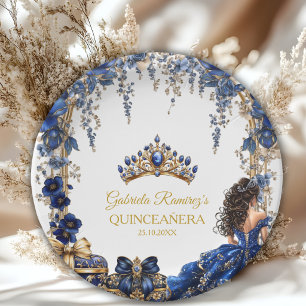 Prato De Papel Royal Blue Dourada Tiara Floral Quinceañera