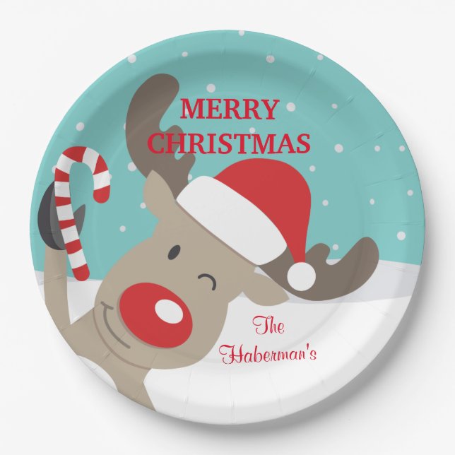 Prato De Papel Rudolph Reindeer personalizado com canas doces (Frente)