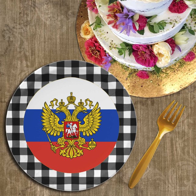 Prato De Papel Rússia Plate, xadrez de búfalos e bandeira russa (Criador carregado)