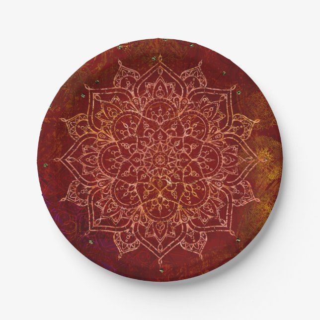 Prato De Papel Rust Red Mandala Dourado Glam Moderna Chic (Frente)