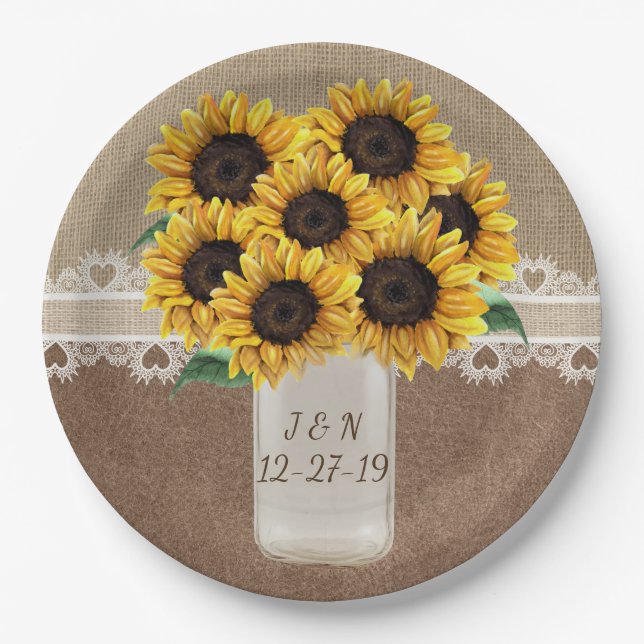 Prato De Papel Rustic Barn Weding Wood Mason Jar Sunflower (Frente)
