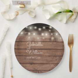 Prato De Papel Rustic Barn Wood String Lights Script Casamento
