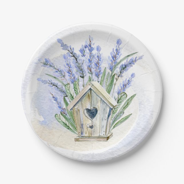 Prato De Papel Rustic Blue Lavanda Birdhouse Floral (Frente)