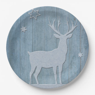 Prato De Papel Rustic Blue Wood Reindet — Natal