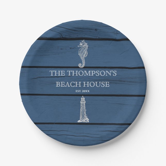 Prato De Papel Rustic Blue Wood Sea Lighthouse Beach House (Frente)