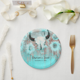 Prato De Papel Rustic Boho Teal Western Sunflower Bull Crânio