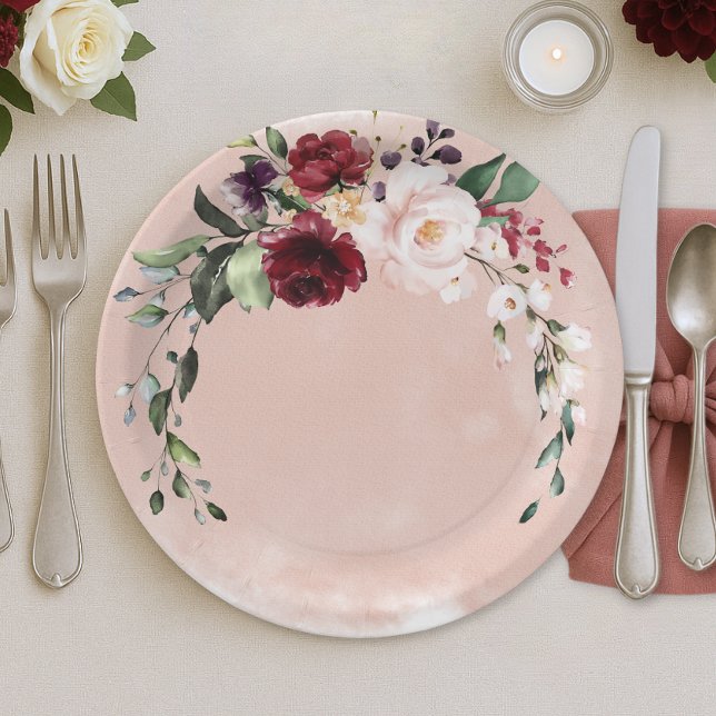 Prato De Papel Rustic Burgundy & Blush Pink Roses Bridal Luncheon (Rustic Burgundy Pink Roses Bridal Shower Paper Plate)