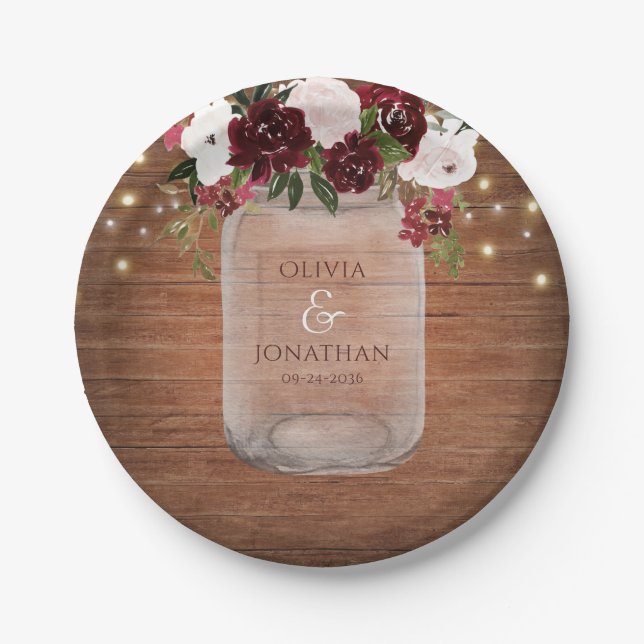 Prato De Papel Rustic Burgundy Floral Mason Jar Wedding (Frente)