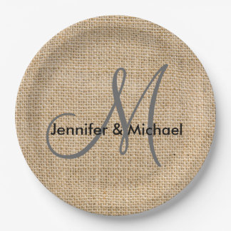 Prato De Papel Rustic Burlap Monogramds Nomes de noivas de casame