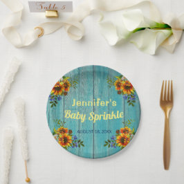 Prato De Papel Rustic Country Blue Sunflower Baby Sprinkle Party