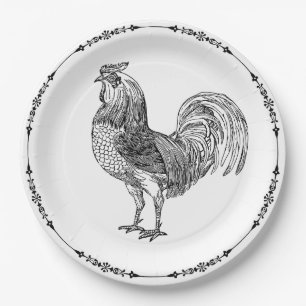 Prato De Papel Rustic Country Rooster Black and White