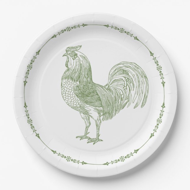 Prato De Papel Rustic Country Rooster Sage Green (Frente)