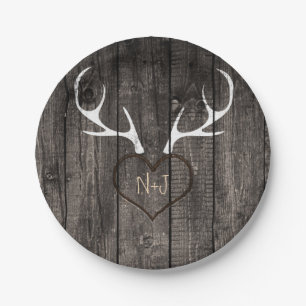 Prato De Papel Rustic Deer Antlers & Carved Heart Casamento