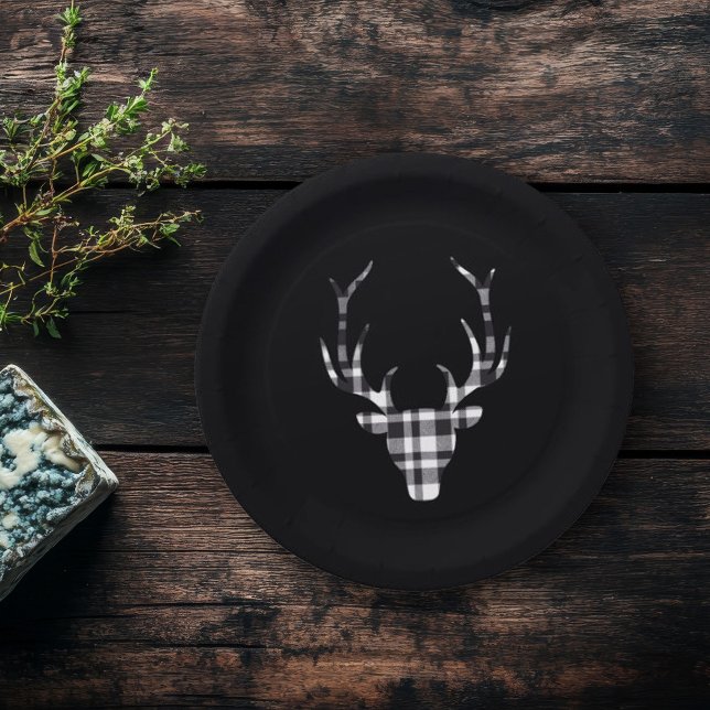 Prato De Papel Rustic Elegant Plaid Deer Christmas Paper Plates (elegant chic paper plate. modern plaid check deer design)