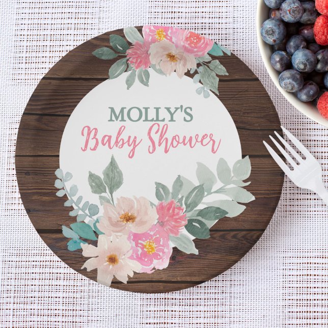 Prato De Papel Rustic Floral Baby Shower Round Plate (Criador carregado)