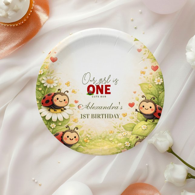Prato De Papel Rustic Floral Lady Bug 1st Birthday (Criador carregado)