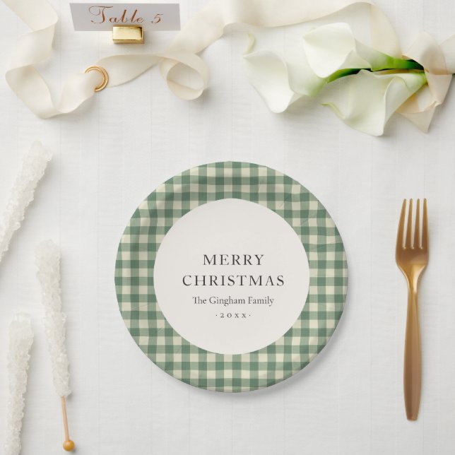 Prato De Papel Rustic Green Gingham Moderno Natal (Casamento)