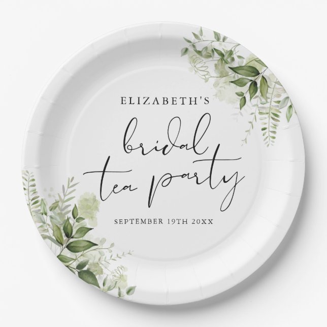 Prato De Papel Rustic Greenerant - Script Elegante Bridal Tea Par (Frente)