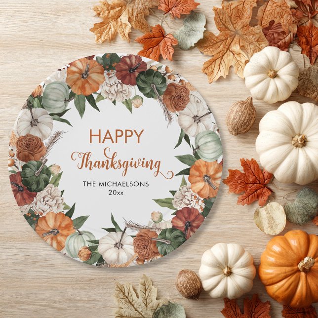 Prato De Papel Rustic Happy Graças Pumpkin (Rustic Happy Thanksgiving Pumpkin Paper Plates)
