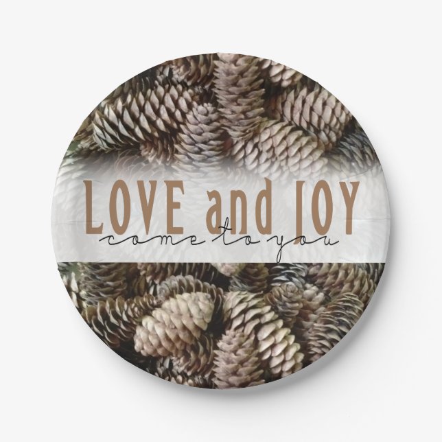 Prato De Papel Rustic Holiday Love and Joy Pine Cone (Frente)