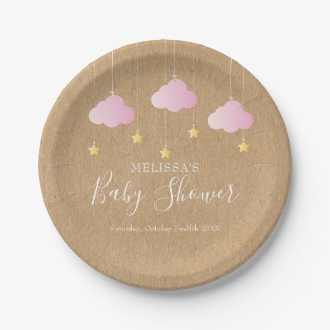 Prato De Papel Rustic kraft brilha brilha chá de bebê rosa (Frente)
