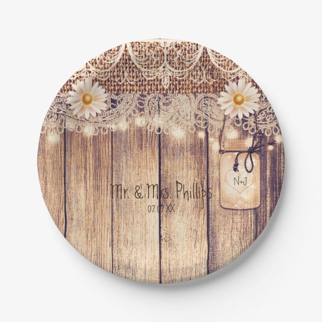 Prato De Papel Rustic Lighted Mason Jars Daisies & Lace Weding (Frente)