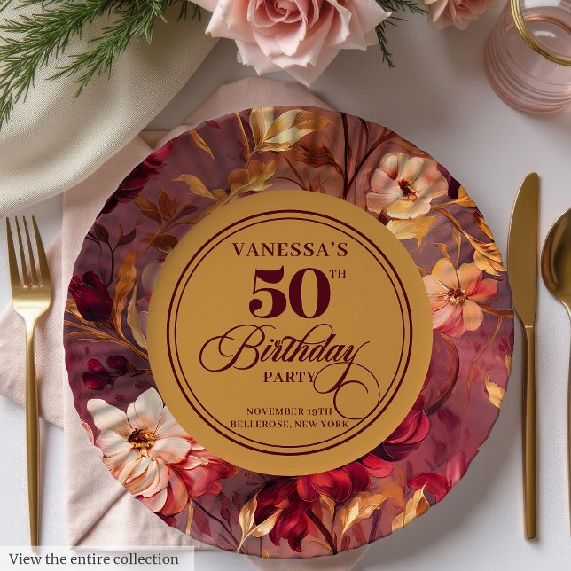 Prato De Papel Rustic Merlot Blush Douradas Flores 50º Aniversári (Rustic Merlot Blush Gold Flowers 50th Birthday Paper Plates )