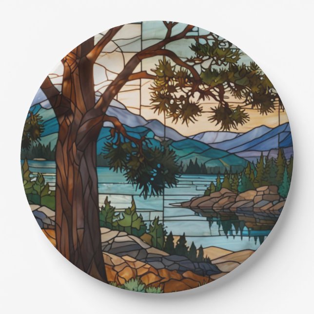 Prato De Papel Rustic mountain range landscape stain glass  (Frente)