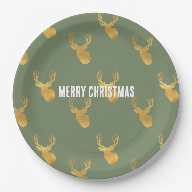Prato De Papel Rustic Olive Green Gold Deer Christmas (Frente)