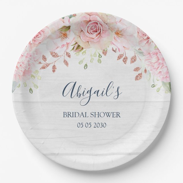 Prato De Papel Rustic Pink Floral Spring Bridal Shower (Frente)