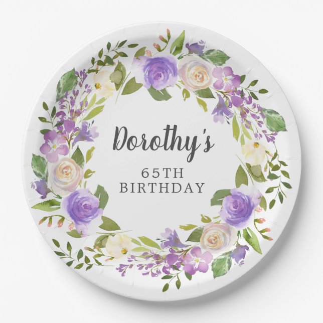 Prato De Papel Rustic Purple Floral 65th Birthday (Frente)